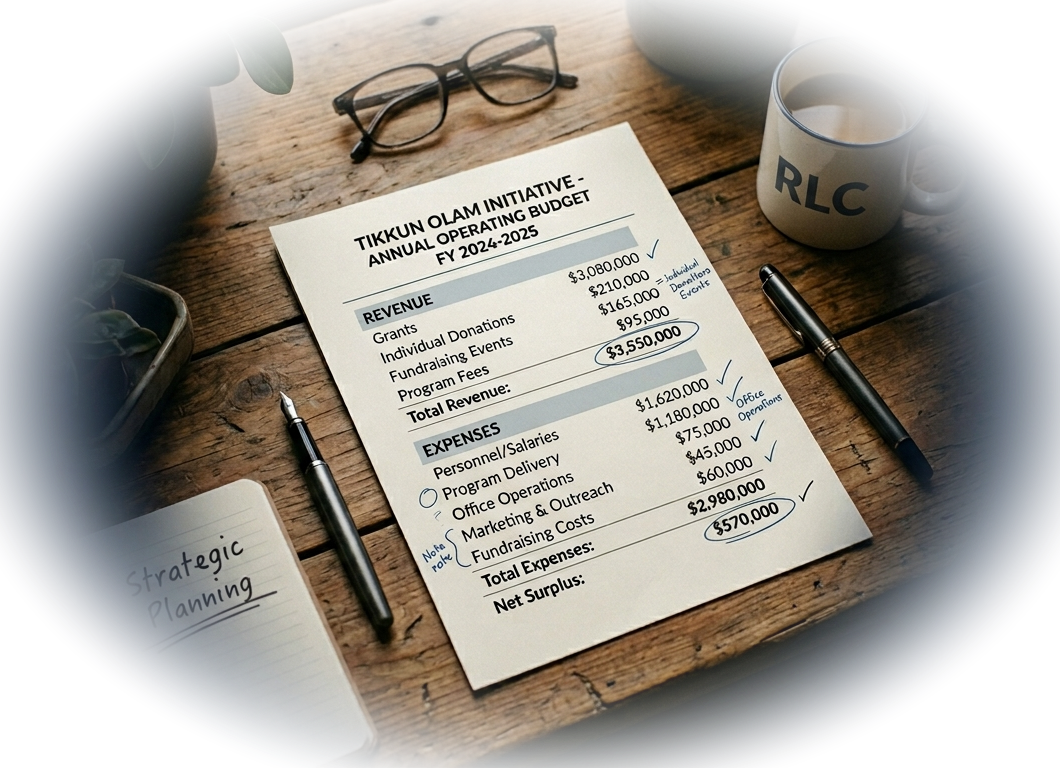 A hand-annotated nonprofit annual operating budget on a wooden desk, with notes and checkmarks